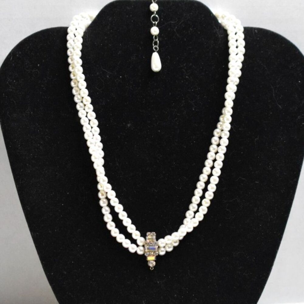 Vtg 50's Faux Pearl Post Earrings Double Strand Cabochon Centerpiece16" Necklace